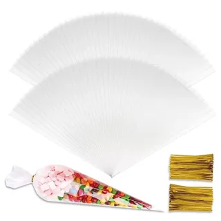 Spitztüten Transparente 100 Stück 16x30cm Kegeltüten für Süßigkeiten Cone Cellophantüten mit Golden Bindestreifen Verschluss Kegelbeutel Bonbons Tüten für Schokolade Bonbons Marshmallow Popcorn
