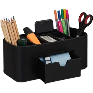 Relaxdays Stiftehalter, Schreibtischorganizer in Lederoptik, 7 Fächer, edler Organizer HxBxT 10,5x26x11,5 cm, schwarz,