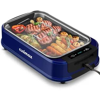 CUSIMAX Steak Grill | 1500W Tischgrill Elektrisch | BBQ-Grill für drinnen und draußen | Elektrogrill mit deckel, Touchscreen-Temperaturregelung, Ölauffangwanne und Abnehmbare Grillplatte