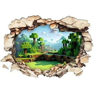 3D Block-Stil Wandtattoo: Realistischer Durchbruch-Effekt | Pixel Wald Landschaft Sticker für Gamer & Jungen Kinderzimmer | Selbstklebende Vinyl Deko