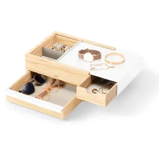 Umbra Stowit Design Schmuckkasten – Schmuckbox mit Geheimfächern für Ringe, Armbänder, Halsketten, Uhren, Ohrringe & Accessoires, Holz/Metall, Weiss/Natur, Gross