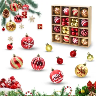 44 Stück Weihnachtskugeln Rot Gold, 6CM/3CM Christbaumkugeln Kunststoff mit Aufhängen Bruchsicher Ornamente Weihnachtsbaum Kugeln Weihnachtsbaumschmuck für Weihnachtsdeko Innen Aussen