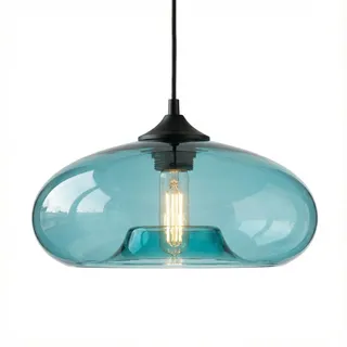 HJXDtech Einflammige Pendelleuchte mit Bunt Glas Lampenschirm, Vintage-Industriedesign, E27 Dekorative Hängelampe für Kücheninsel, Esstische, Esszimmer und Wohnzimmer (Blau)