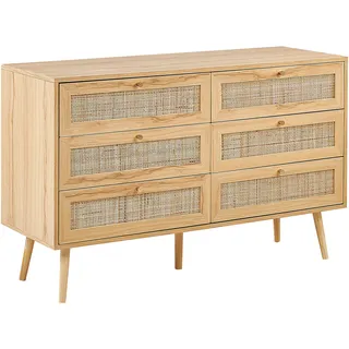 Beliani Rattan-Kommode 6 Schubladen 120 x 80 x 40 cm hellbraun / gold