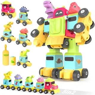 TOYABI Dinosaurier Spielzeug, 5 in 2 Rex, Spinosaurus, Triceratops Auto Switch and Go Dino Zug und Transformers Spielzeug, Jungen und Mädchen ab 3 4 5 6 Jahre