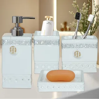 CAAHANJIA Badezimmer-Zubehör-Set, Keramik-Geschenkset, Seifenspender, Pumpe, Zahnbürstenhalter, Becher, Seifenschale, Badezimmer-Heimdekoration, Arbeitsplatte, Schminktisch, 4-teilig (Weiß 05)