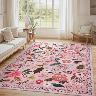 Puremy Waschbarer Wohnzimmerteppich, Vintage Blumenmuster Niedriger Flor Teppich, rutschfest, Weiche, Groß Teppiche für Wohnzimmer Schlafzimmer Bauernhaus Esszimmer und Kinderzimer, 160x220cm, Rosa