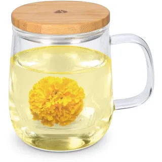 Navaris Teeglas mit Sieb und Bambusdeckel - Teetasse Glas für 500ml Tee - für losen Tee oder Teebeutel - Tasse aus Borosilikatglas mit Deckel