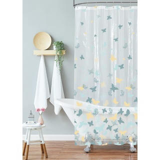 Laura Ashley - Blaue verstreute Schmetterlinge, PEVA-Duschvorhang, Elegantes Badezimmer-Dekor, Maße: 177,8 x 182,9 cm, wasserdicht