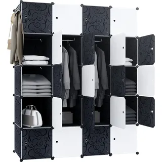 Sessamen-LP Kleiderschrank, 20 Würfelregal PP-Kunststoff Kleiderständer Portable Garderobe mit 2 Kleiderstange für Kleidung, Bücher, Spielzeug 145 x 178 x 37cm - Schwarz, Weiß