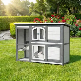 MyAnimal Hasenstall MH-02 | Hasenkäfig Zweistöckig - Kaninchenstall - 4 Türen - Kleintier Stall - Kaninchen - Hasen - Dach zum Öffnen (Grau/Weiß) - Weiß