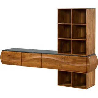 Massivmoebel24.de Wohnwand Akazie 204x40x145 natur lackiert / Marmor schwarz MONTREAL #142