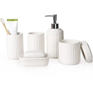 NOVAJOY Badezimmer Set Keramik – 5 Teile, Badezimmer Organizer mit Seifenspender, Seifenschale, Zahnbürstenhalter, Wattestäbchen Kanister, Hochwertiges Badezimmer Deko Set (Beige Weiß)