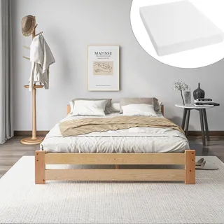 STILVORA Holzbett 140x200 cm mit Matratzen, Futonbett aus Massivholz, Geeignet für jeden Raum, mit Kopfteil und Lattenrost