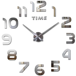 Verspiegelter Aufkleber Wanduhr modern still Ø 60 cm - Weiß, Silber