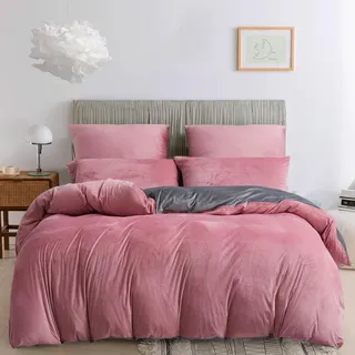 Damier Winter Bettwäsche 135x200cm Rosa Grau Warme Plüschbettwäsche Set 2 Teilig - 1 Bettbezug 135 x 200 cm mit Reißverschluss und Kopfkissenbezug 80 x 80 cm