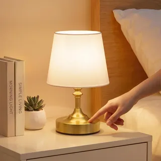 PreeOtti Tischlampe Kabellos Klein, Touch LED Akku Nachttischlampe, Messing