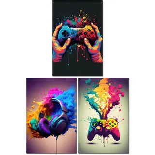 Clyrax 3 Stück Gaming Poster, Neon Kopfhörer & Gamepad Gaming Bilder für die Wand, Perfekte Gamer Deko Set, Wandbilder Set für Schlafzimmer Jugendzimmer Teenagerzimmer & Gamer Nischenräume, 30×40 CM