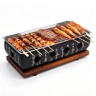 Tissting Japanischer BBQ Grill Mini Holzkohle Tischgrill mit Gitter | Japanisch Holzkohlegrill Rechteckig Tragbarer Holzkohleofen Campingkocher für Yakiniku, Takoyaki, Aal Teriyaki 36x18x13cm