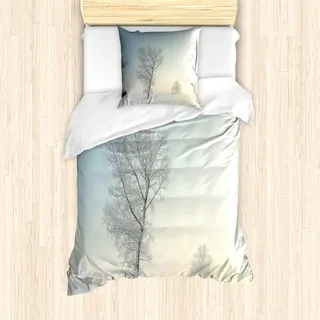 ABAKUHAUS Winter Mantele, Gefrorener Baum Morgensonne, Milbensicher Allergiker geeignet mit Kissenbezügen, 135 cm x 200 cm - 80 x 80 cm, Blassblau Creme Weiß - Weiß