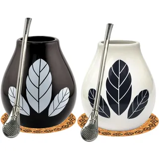 Mate-Tee becher Set für zwei ● Keramik yerba mate tee tasse Hoja Kalebasse Becher 350ml ● Stahl Trinkhalm Bombilla mit Kühlring Edelsahl Staw ● Korkpad ● Starter kit for two necessary accessories