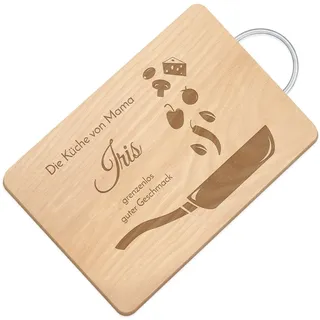 Maverton Schneidebrett mit Gravur, Brotzeitbrett mit Metallgriff | Personalisiertes Küchenbrett aus Buchenholz, Holzbrett mit Wunschmotiv für Frauen, Größe: 32x18 cm, Pfanne