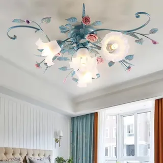 meibeileil Deckenleuchte Landhaus,Vintage Blumen Design Metall Pendelleuchte, Kronleuchter Mit Glas Lampenschirm Und Rosa Rosen Keramik Für Wohnzimmer Schlafzimmer Restaurant Flur 4 Kopf Blau