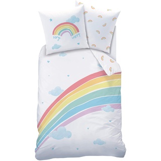 MTOnlinehandel REGENBOGEN Bettwäsche Set · Mädchen-Bettwäsche · Kinderbettwäsche · Very Happy Rainbow · Wolken Sterne Herzen - Kissenbezug 80x80 Bettbezug 135x200 cm - 100 Baumwolle