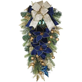 Hollyone Weihnachten Tropfen Girlande 70cm Weihnachtsdeko Teardrop Swag Blau mit Weihnachtskugeln Beeren Weihnachtssterne und Schleife Weihnachtstropfen Hängende Ornamente für Haustür Wand Kamin Deko