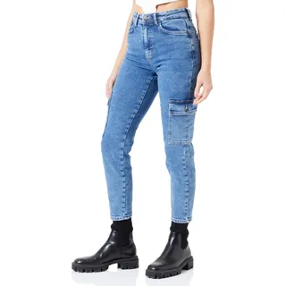 NOISY MAY Damen Cargo Jeans High Waist Hose Regular Fit Denim Pants NMMONI, Farben:Blau, Größe:28W / 32L, Beinlänge:L32