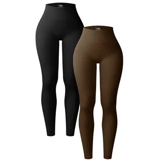 OQQ Damen 2 Stück Yoga Leggings Gerippt Nahtlos Workout Hohe Taille Athletic Pants, Schwarz - Black Coffee, Groß