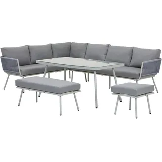 Ambia Garden Dining-Loungeset , Grau , Metall, Kunststoff, Glas, Textil , 5-teilig , Füllung: Schaumstoff,Polyester , 252x65x190 cm , Tisch mit Glasplatte, Hocker umfunktionierbar zu Tisch , Gartenmöbel, Loungemöbel, Loungegarnituren