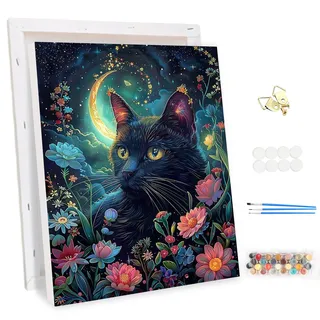 MEIYUDA Malen Nach Zahlen Erwachsene mit Rahmen, DIY Set Erwachsene Katze Mond Bastelset, 3 Pinsels Und Acrylfarbe DIY Handgemalt öLgemäLde Kit Als Geschenk und Home Haus Deko 30x40cm