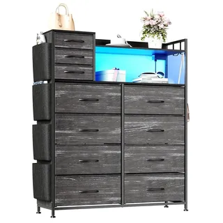 Kommode mit 9/11 Schubladen - Sideboard mit Stoffschubladen - Offene Regale - Metallgestell - Steckdose Ladestation - LED-Beleuchtung - Schwarz mit Steckdose und LED