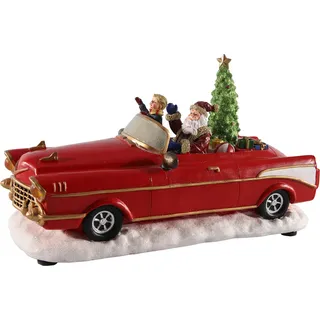 LED Weihnachts Szene "Weihnachtsmann im Oldtimer" rot - 25 cm / Batterie - Tisch Deko mit Sound Bewegung und bunter Beleuchtung - Rot