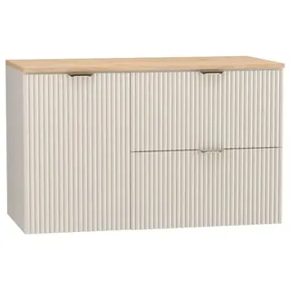 WENA Waschtischunterschrank 100 cm mit Wäschekorb, geriffelte Fronten, Griffe aus Metall in der Farbe Gold (Farbe: Kaschmir/Eiche Platte) - Beige, Braun
