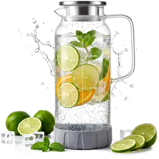 2L Borosilikat-Glaskaraffe mit Edelstahldeckel – von -20°C bis 150°C – Wasserkrug mit Skala, Filter – Rutschfester & Stoßfester Silikonboden – Spülmaschinenfest für Heiße & Kalte Getränke wie Eistee
