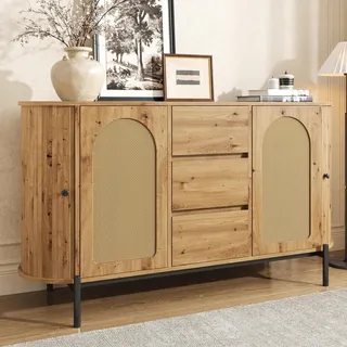 MODFU multifunktionaler Sideboard mit 2 Schiebetüren Ovaler Aufbewahrungsschrank mit Schubladen und Metallbeinen verstellbare Fächer Viel Stauraum Für Esszimmer oder Wohnzimmer geeignet Natur