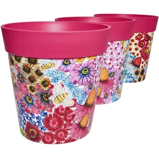 Hum Flowerpots, 22 cm, 3er-Set, in Verschiedenen Farben und Mustern, Blumentöpfe aus Kunststoff für Drinnen und Draußen, Rosa Blumen und Bienen