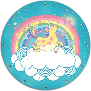 Wallario rundes Outdoor-Poster für Garten oder Balkon, Motiv Lustiges Einhorn auf einer Wolke vor Regenbogen, 90 cm Durchmesser - Türkis