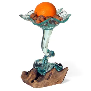 Wogeka - Glas Snackschale auf Wurzel-Holz - Höhe 25 cm handgemacht, Moderne Natur Tisch-Deko und Geschenk-Idee, Glasschale auf Stiel