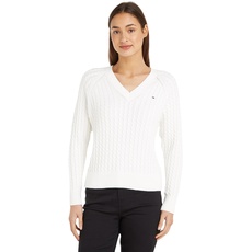 Tommy Hilfiger Damen Pullover Co Cable V-Neck Sweater Strickpullover, Weiß (Ecru), S