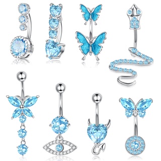 ADRAMATA 8 Stück 14G Bauchnabelringe,Damen Bauchnabelpiercing Chirurgenstahl,Süßer Schlangen Evil Eye Herz klarer CZ Schmetterling,Baumelnde Piercing Bauchnabel für Frauen Bauchnabelpiercing Pack,blue