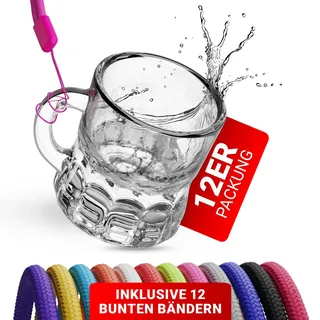 12x Schnapsglas zum Umhängen aus Glas mit Henkel, am Band, Party JGA, viele Farben (12, BUNTE)