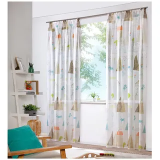 heimtexland ® Vorhang Kindergardine Skandi Leinen Optik Natur Bunt Deko Gardine Kinderzimmer Transparent Typ755 Bandschal HxB 225x135 cm