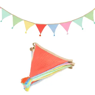 jijAcraft Wimpelkette Kinderzimmer mit Quasten Pastell: 2,8m Stoff Wimpelkette Musselin Doppelseitig Girlande Kinderzimmer Stoffgirlande Mädchen Junge für Hausbett, Babybett,Kinderbett