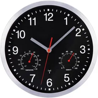 Silent Wanduhr ohne Ticken Radiowecker schwarz mit Temperatur und Feuchtigkeit 25 cm auf Batterien große moderne stille Wanduhr für Küche Schlafzimmer Wohnzimmer Kinderzimmer - Schwarz