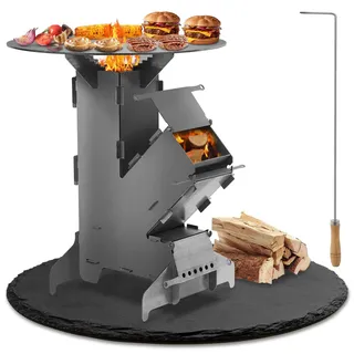 Vigevee Raketenofen mit Grillplatte, Steckbarer Outdoor Grillofen aus Kohlenstoffstahl, Campingkocher mit Feuerhaken für Garten Camping Terrasse - Grau