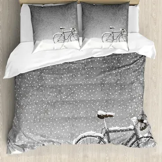 ABAKUHAUS Winter Bettbezug Set, Fahrrad im schnee Zeichendarstellung mit Flocken und im Kalte wetter Druck, 155 x 220 cm + 80 x 80 cm, Taupe Weiß - Taupe, Weiß