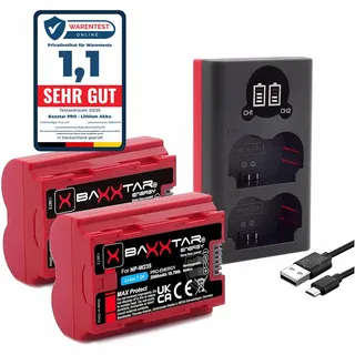 Baxxtar MaxProtect NP-W235 Akku (2X 2600 mAh) - mit aktivem NTC Sensor und V1 Schutzgehäuse - Ladegerät Mini 18882 USB Dual LCD - für GFX-50s II GFX-100S GFX-100 II X-H2 X-H2S X-S20 X-T4 X-T5
